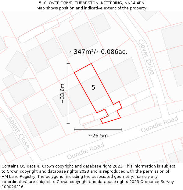 5, CLOVER DRIVE, THRAPSTON, KETTERING, NN14 4RN: Plot and title map