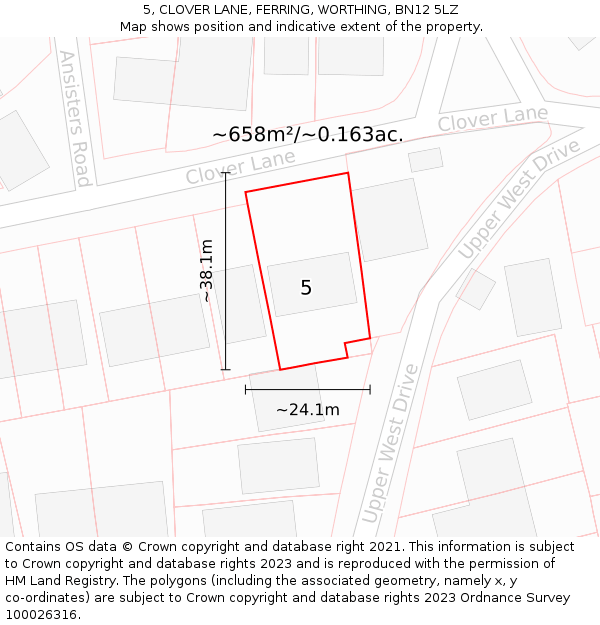 5, CLOVER LANE, FERRING, WORTHING, BN12 5LZ: Plot and title map