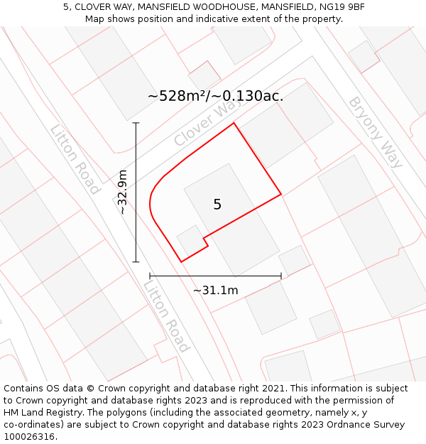 5, CLOVER WAY, MANSFIELD WOODHOUSE, MANSFIELD, NG19 9BF: Plot and title map