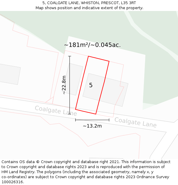 5, COALGATE LANE, WHISTON, PRESCOT, L35 3RT: Plot and title map