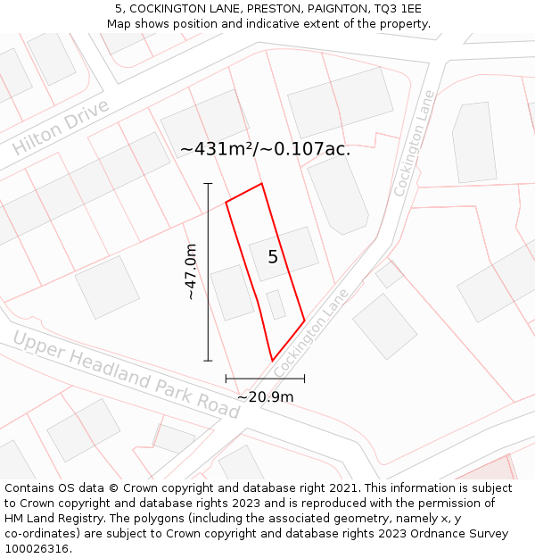 5, COCKINGTON LANE, PRESTON, PAIGNTON, TQ3 1EE: Plot and title map