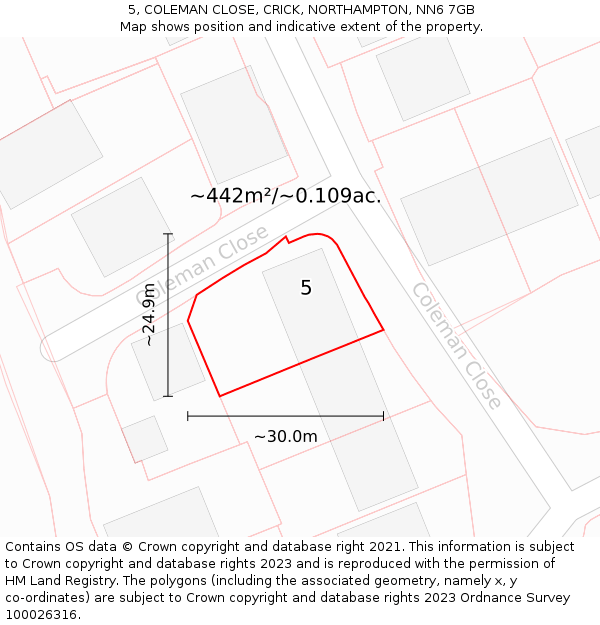 5, COLEMAN CLOSE, CRICK, NORTHAMPTON, NN6 7GB: Plot and title map