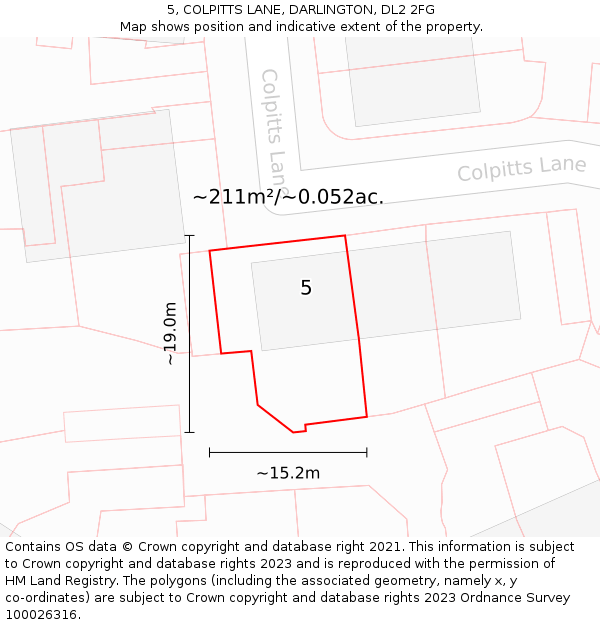 5, COLPITTS LANE, DARLINGTON, DL2 2FG: Plot and title map