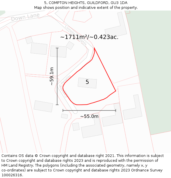 5, COMPTON HEIGHTS, GUILDFORD, GU3 1DA: Plot and title map