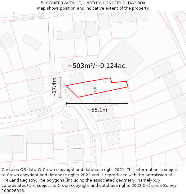 5, CONIFER AVENUE, HARTLEY, LONGFIELD, DA3 8BX: Plot and title map