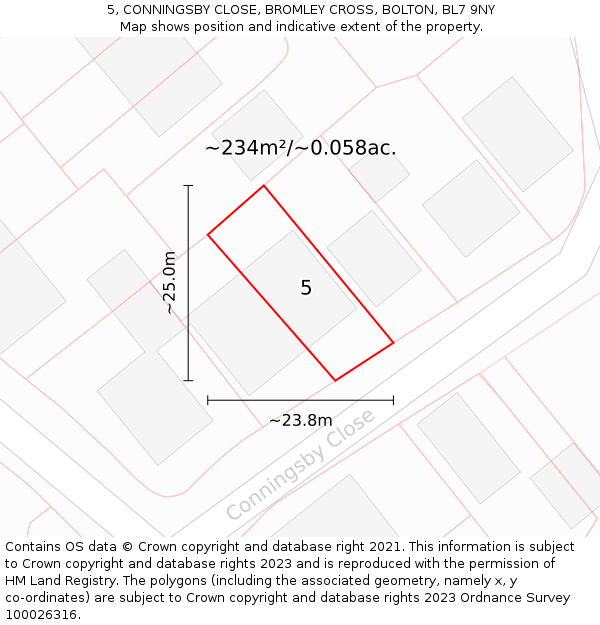 5, CONNINGSBY CLOSE, BROMLEY CROSS, BOLTON, BL7 9NY: Plot and title map