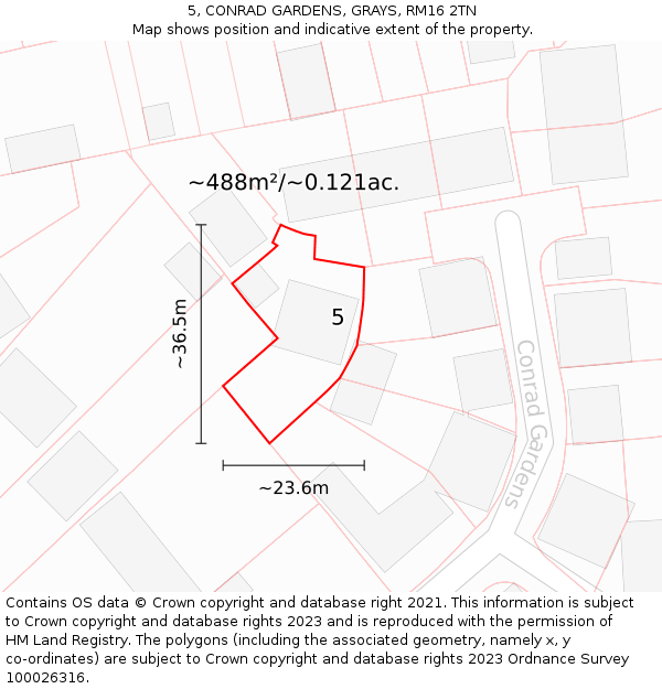 5, CONRAD GARDENS, GRAYS, RM16 2TN: Plot and title map