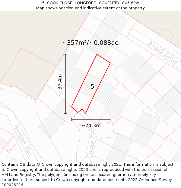 5, COOK CLOSE, LONGFORD, COVENTRY, CV6 6PW: Plot and title map