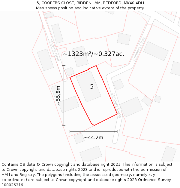 5, COOPERS CLOSE, BIDDENHAM, BEDFORD, MK40 4DH: Plot and title map
