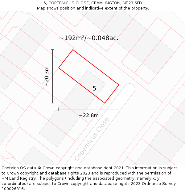 5, COPERNICUS CLOSE, CRAMLINGTON, NE23 6FD: Plot and title map