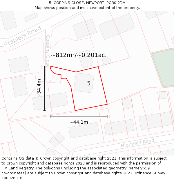 5, COPPINS CLOSE, NEWPORT, PO30 2DA: Plot and title map