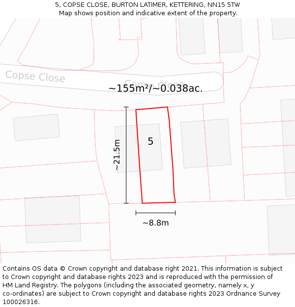 5, COPSE CLOSE, BURTON LATIMER, KETTERING, NN15 5TW: Plot and title map