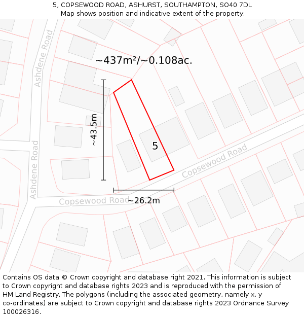 5, COPSEWOOD ROAD, ASHURST, SOUTHAMPTON, SO40 7DL: Plot and title map