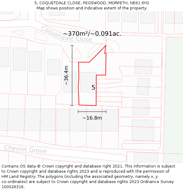 5, COQUETDALE CLOSE, PEGSWOOD, MORPETH, NE61 6YG: Plot and title map