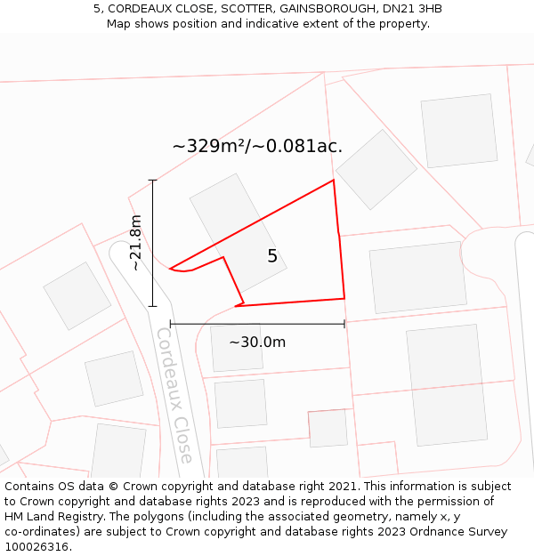 5, CORDEAUX CLOSE, SCOTTER, GAINSBOROUGH, DN21 3HB: Plot and title map