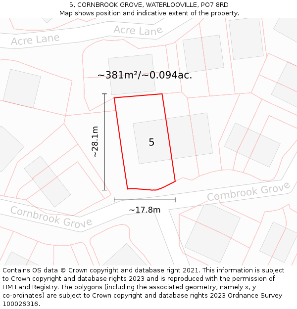 5, CORNBROOK GROVE, WATERLOOVILLE, PO7 8RD: Plot and title map