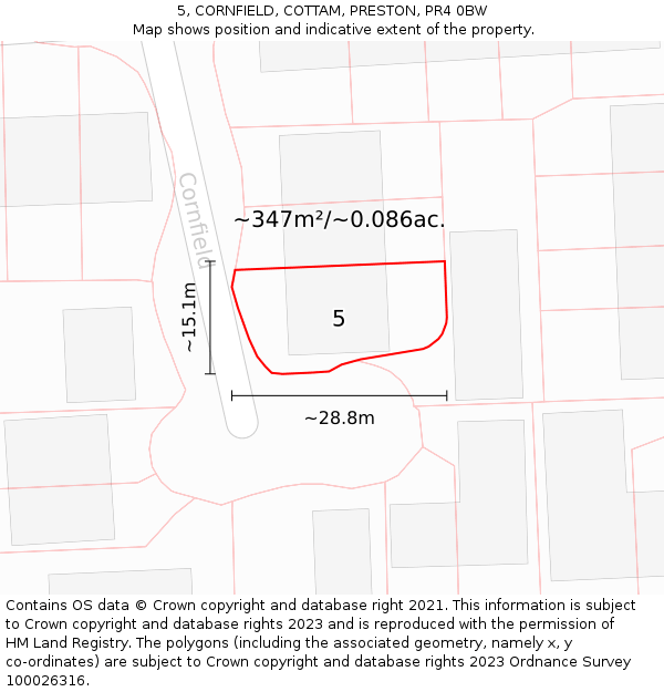 5, CORNFIELD, COTTAM, PRESTON, PR4 0BW: Plot and title map