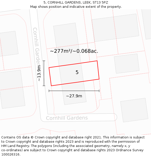 5, CORNHILL GARDENS, LEEK, ST13 5PZ: Plot and title map