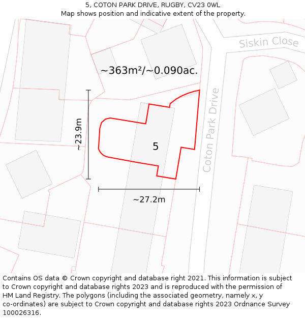 5, COTON PARK DRIVE, RUGBY, CV23 0WL: Plot and title map