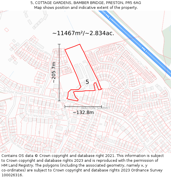 5, COTTAGE GARDENS, BAMBER BRIDGE, PRESTON, PR5 6AG: Plot and title map