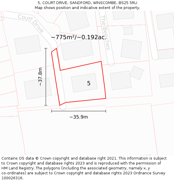 5, COURT DRIVE, SANDFORD, WINSCOMBE, BS25 5RU: Plot and title map