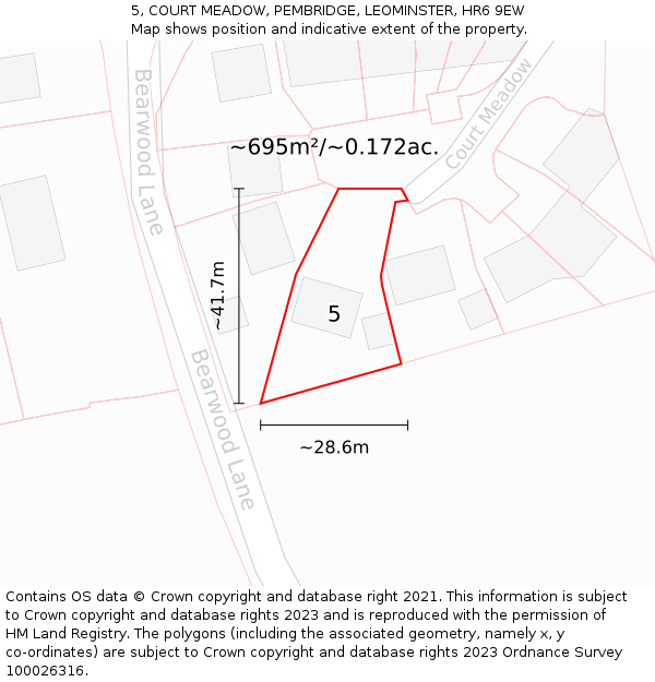 5, COURT MEADOW, PEMBRIDGE, LEOMINSTER, HR6 9EW: Plot and title map