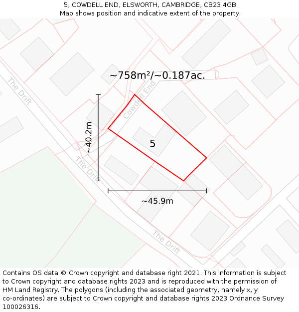 5, COWDELL END, ELSWORTH, CAMBRIDGE, CB23 4GB: Plot and title map