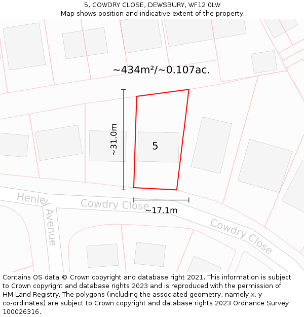 5, COWDRY CLOSE, DEWSBURY, WF12 0LW: Plot and title map