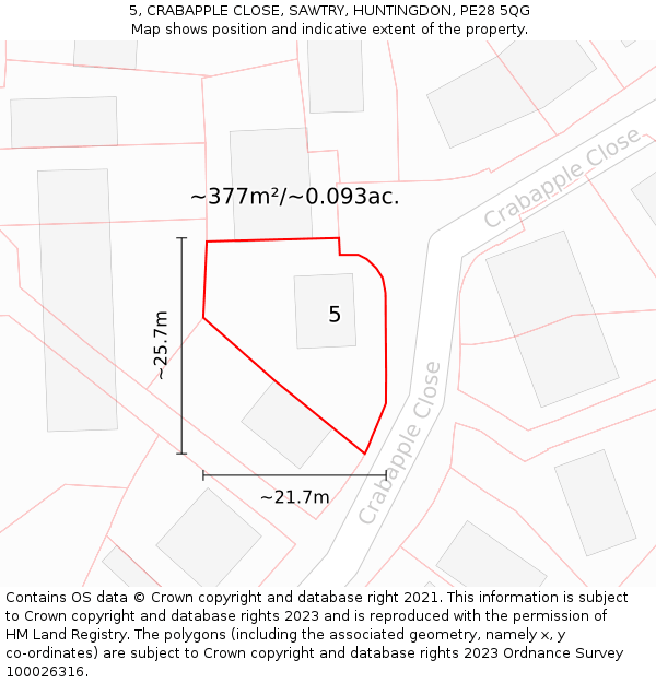 5, CRABAPPLE CLOSE, SAWTRY, HUNTINGDON, PE28 5QG: Plot and title map