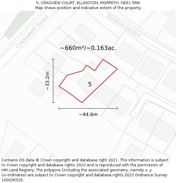 5, CRAGVIEW COURT, ELLINGTON, MORPETH, NE61 5RW: Plot and title map