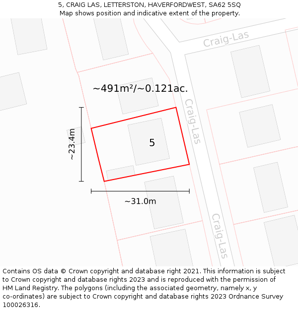 5, CRAIG LAS, LETTERSTON, HAVERFORDWEST, SA62 5SQ: Plot and title map