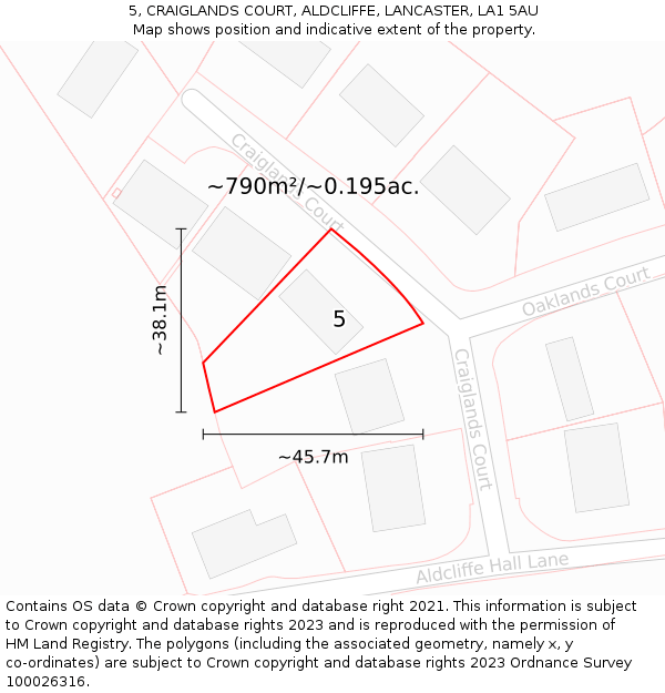 5, CRAIGLANDS COURT, ALDCLIFFE, LANCASTER, LA1 5AU: Plot and title map