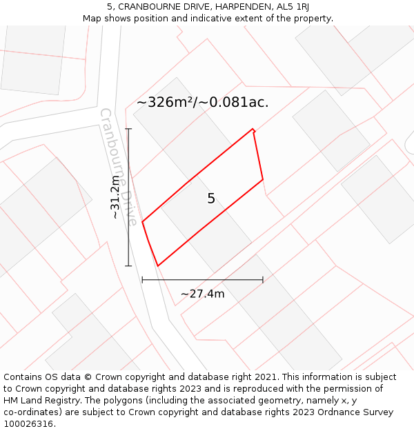 5, CRANBOURNE DRIVE, HARPENDEN, AL5 1RJ: Plot and title map