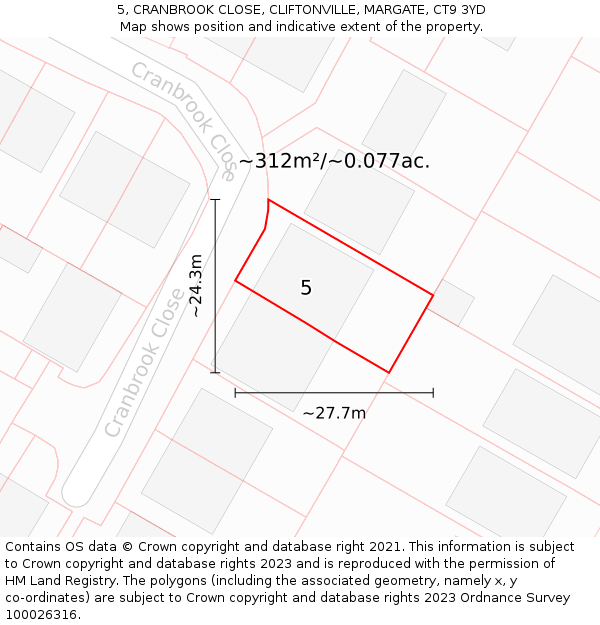 5, CRANBROOK CLOSE, CLIFTONVILLE, MARGATE, CT9 3YD: Plot and title map