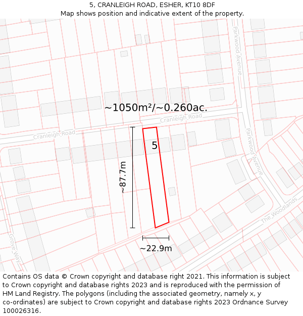 5, CRANLEIGH ROAD, ESHER, KT10 8DF: Plot and title map