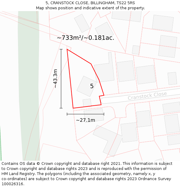 5, CRANSTOCK CLOSE, BILLINGHAM, TS22 5RS: Plot and title map