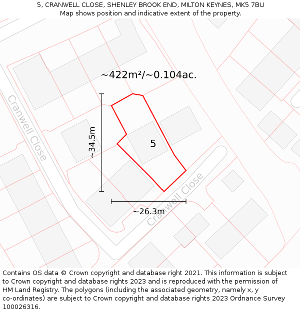 5, CRANWELL CLOSE, SHENLEY BROOK END, MILTON KEYNES, MK5 7BU: Plot and title map