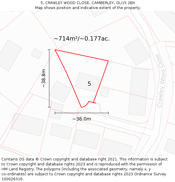 5, CRAWLEY WOOD CLOSE, CAMBERLEY, GU15 2BX: Plot and title map