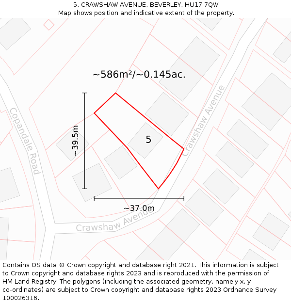 5, CRAWSHAW AVENUE, BEVERLEY, HU17 7QW: Plot and title map