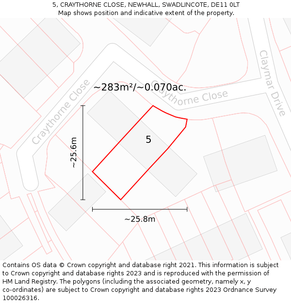 5, CRAYTHORNE CLOSE, NEWHALL, SWADLINCOTE, DE11 0LT: Plot and title map