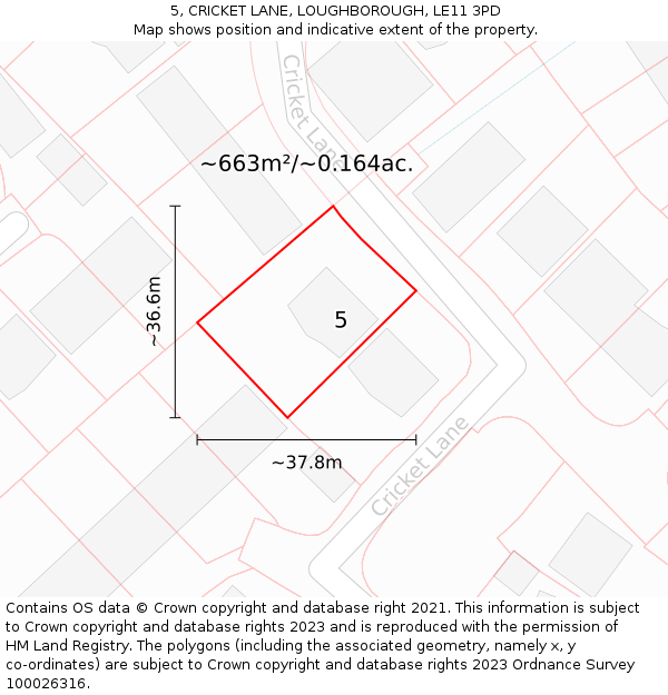 5, CRICKET LANE, LOUGHBOROUGH, LE11 3PD: Plot and title map