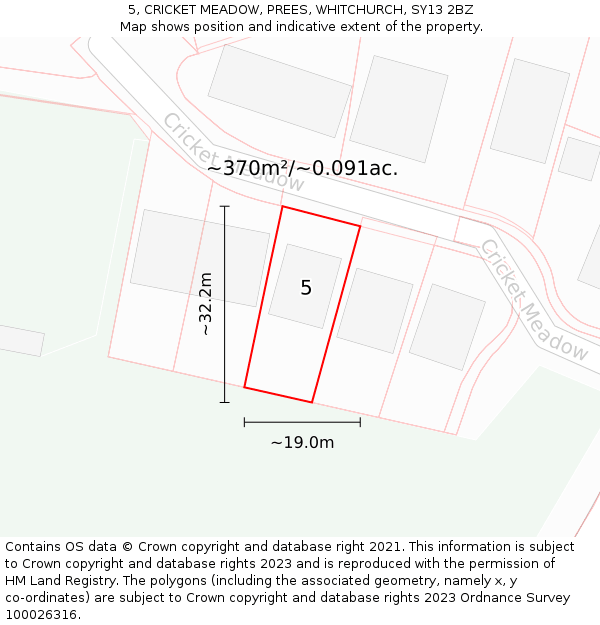 5, CRICKET MEADOW, PREES, WHITCHURCH, SY13 2BZ: Plot and title map