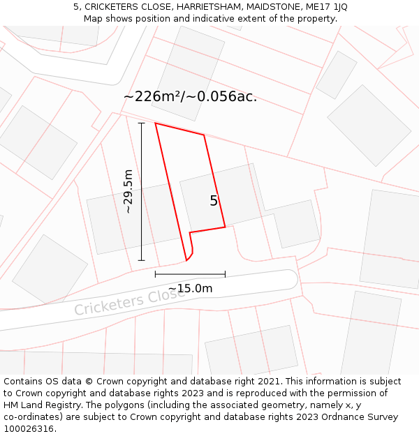 5, CRICKETERS CLOSE, HARRIETSHAM, MAIDSTONE, ME17 1JQ: Plot and title map