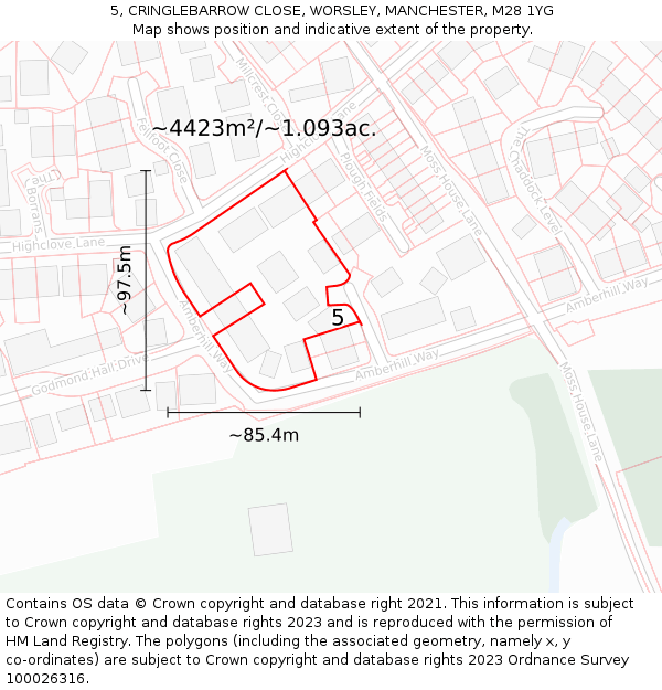 5, CRINGLEBARROW CLOSE, WORSLEY, MANCHESTER, M28 1YG: Plot and title map