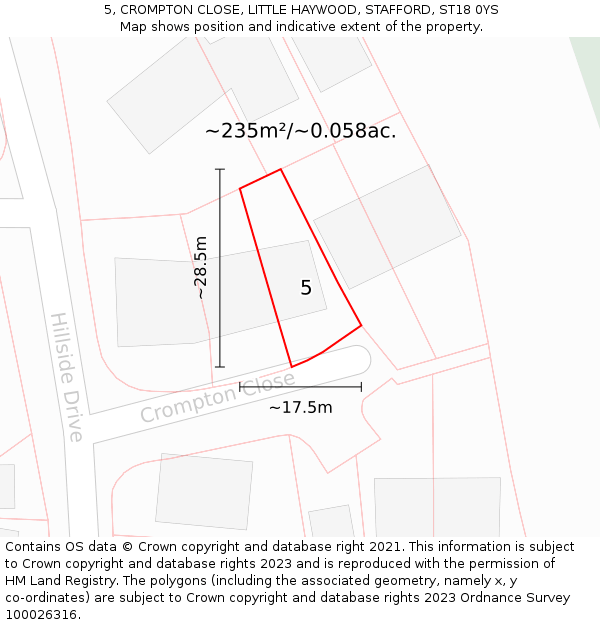 5, CROMPTON CLOSE, LITTLE HAYWOOD, STAFFORD, ST18 0YS: Plot and title map