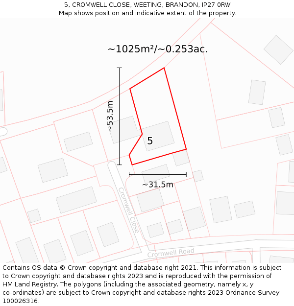 5, CROMWELL CLOSE, WEETING, BRANDON, IP27 0RW: Plot and title map