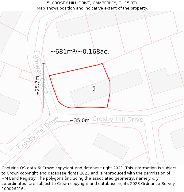 5, CROSBY HILL DRIVE, CAMBERLEY, GU15 3TY: Plot and title map