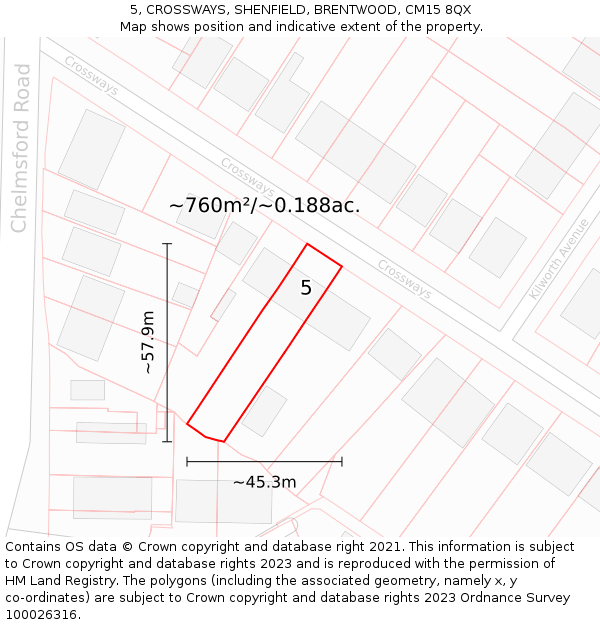 5, CROSSWAYS, SHENFIELD, BRENTWOOD, CM15 8QX: Plot and title map