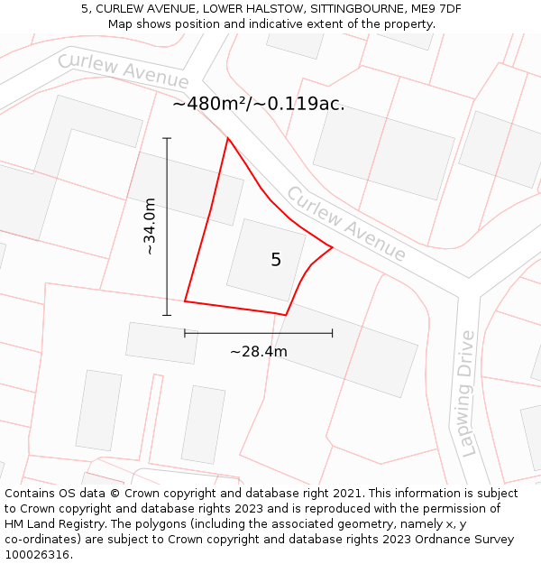 5, CURLEW AVENUE, LOWER HALSTOW, SITTINGBOURNE, ME9 7DF: Plot and title map