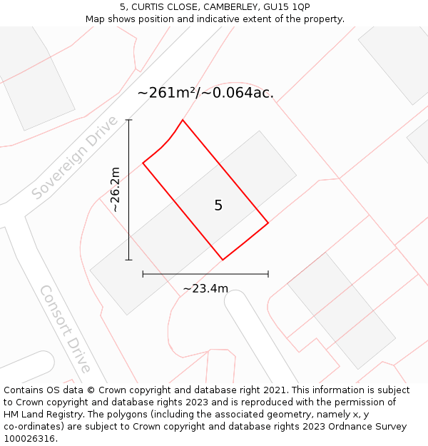 5, CURTIS CLOSE, CAMBERLEY, GU15 1QP: Plot and title map